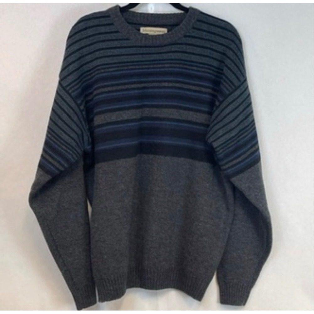 Vintage MUNSINGWEAR Grandpa Sweater Mens XL Gray Blue Striped Crew Neck Knit Vtg